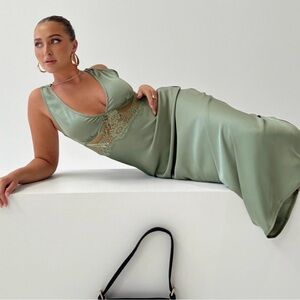 Princess Polly Sage Green Satin Lace Maxi Dress NWT Size 4